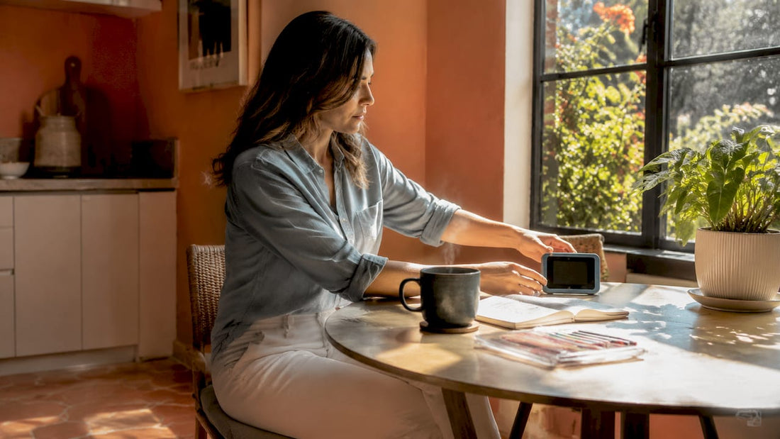 Home office bathed in morning sunlight with woman adjusting desk clock