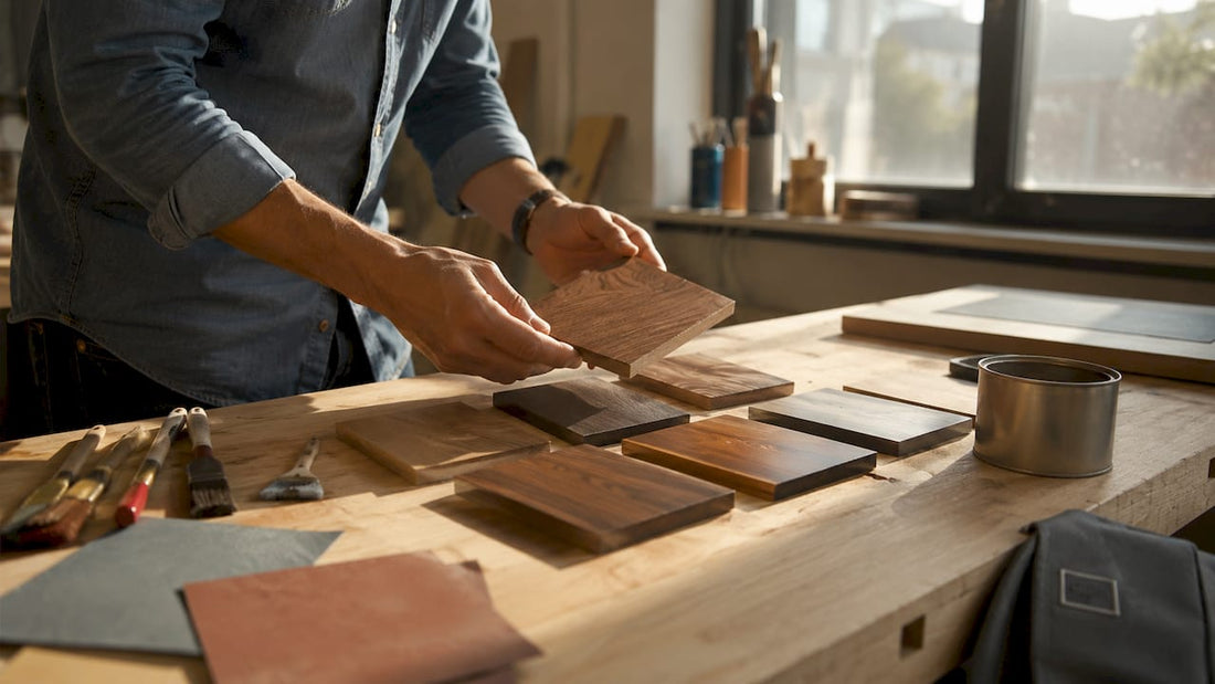 Different wood finish samples on desk wood panels