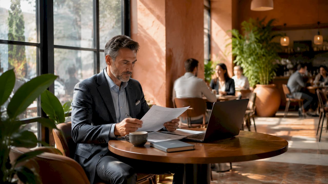 Businessman reviewing documents in modern office lobby