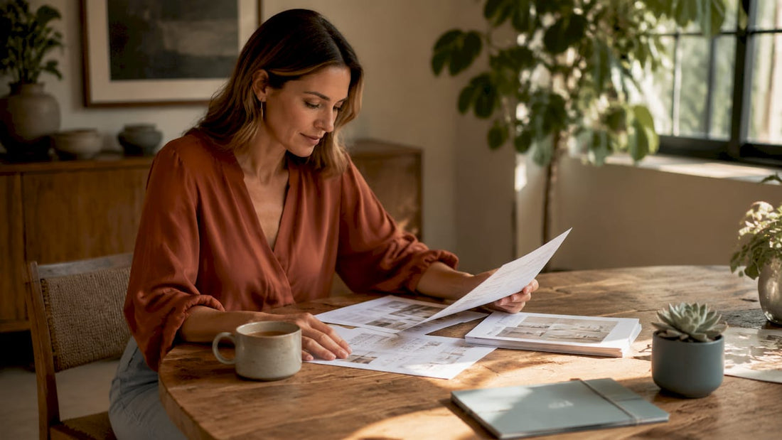 Professional woman reviewing office furniture budget documents