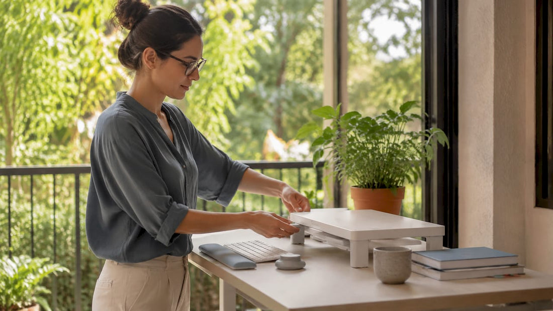 Woman arranging ergonomic desk accessories