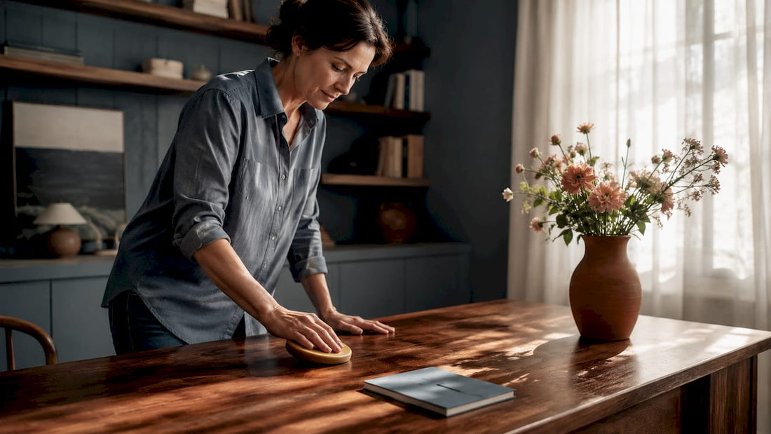 Woman dusting wood desk in bright home office