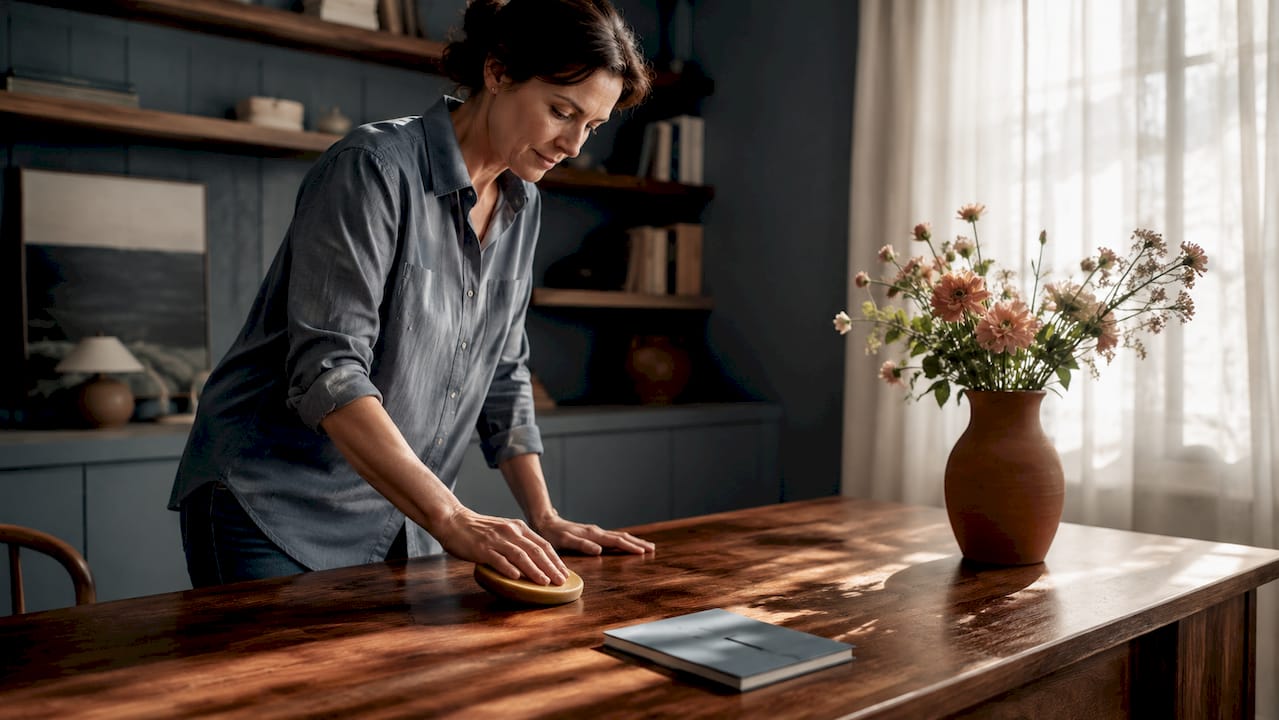 Woman dusting wood desk in bright home office