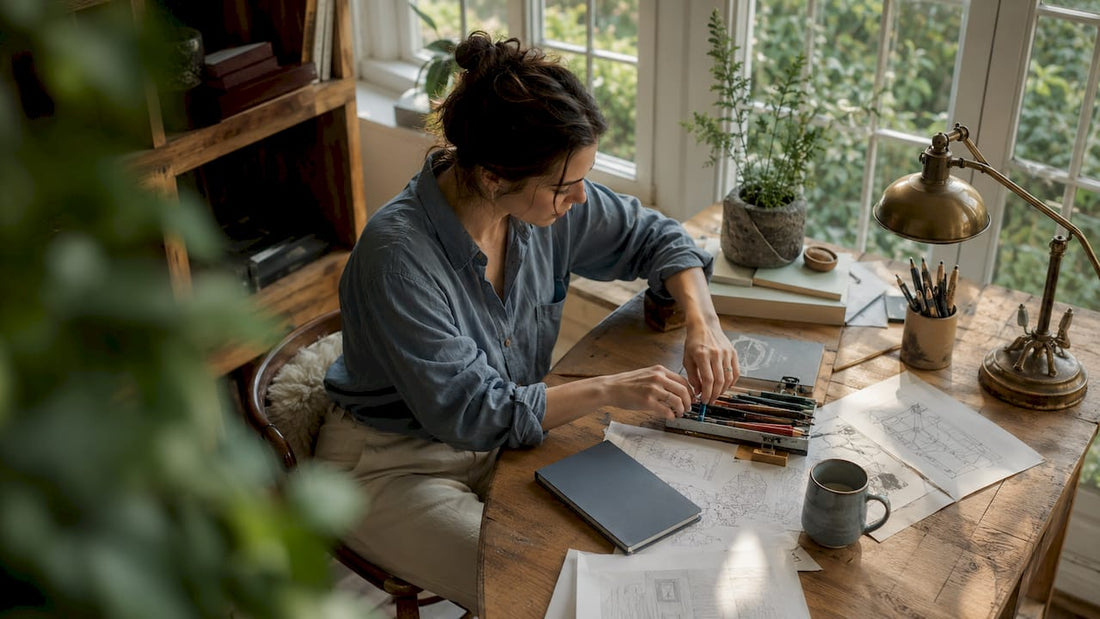 Woman arranging items on desk in home office