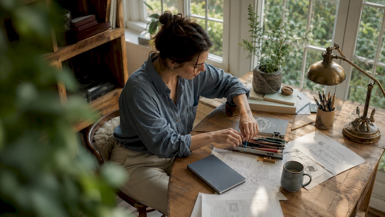 Woman arranging items on desk in home office