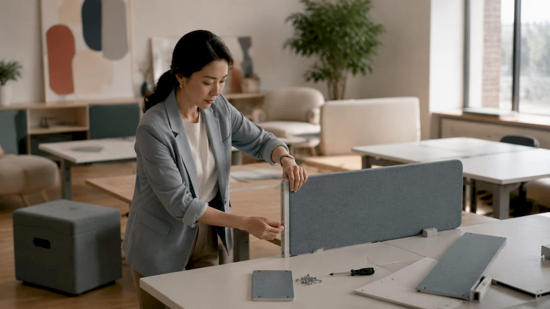 Woman assembling modular office furniture parts