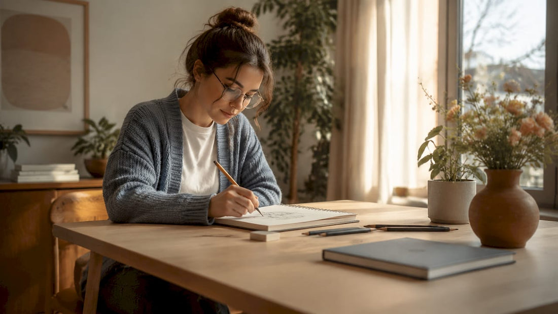 Woman sketching at minimalist oak desk