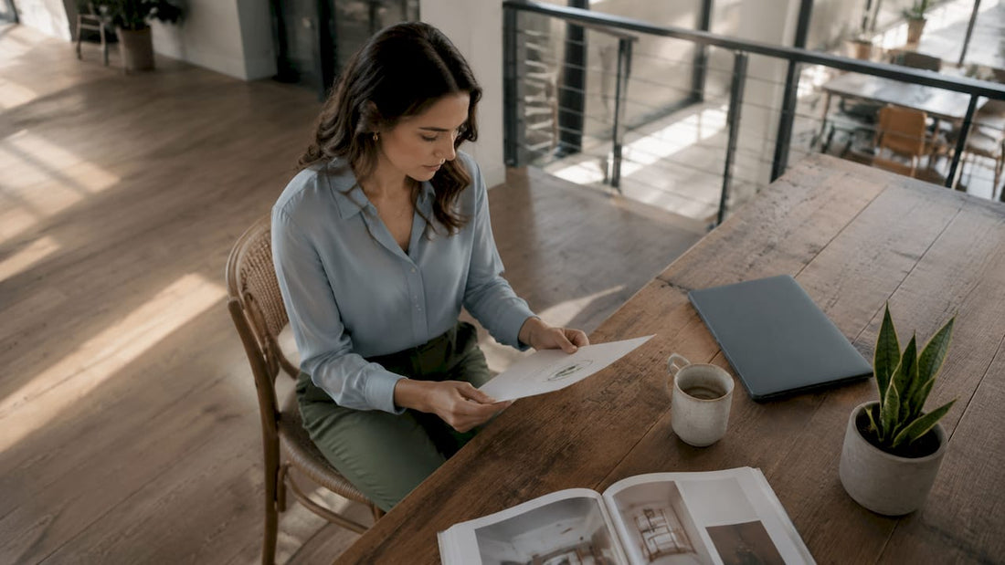 Woman reviewing sustainable office furniture certification