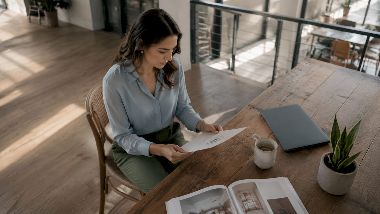 Woman reviewing sustainable office furniture certification