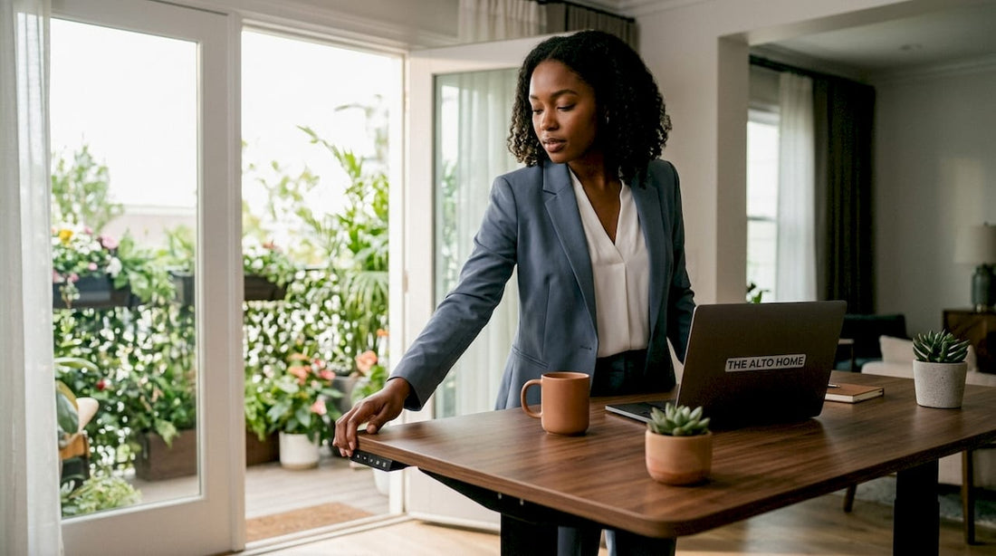 Woman using electric sit-stand desk adjustment in office
