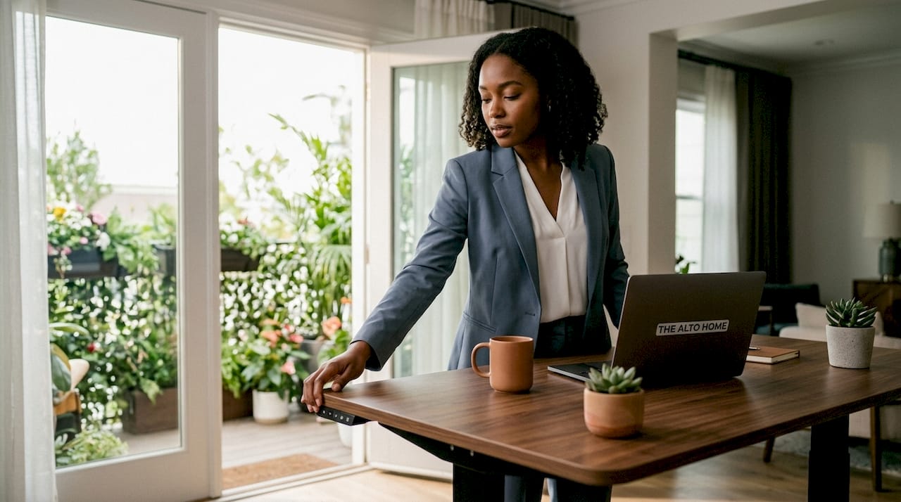 Woman using electric sit-stand desk adjustment in office