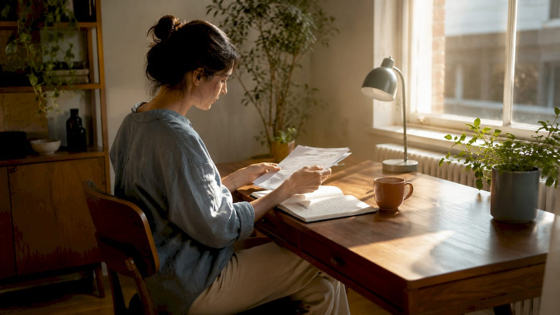 Woman organizing papers at mid-century desk