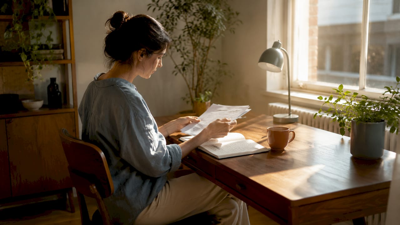 Woman organizing papers at mid-century desk