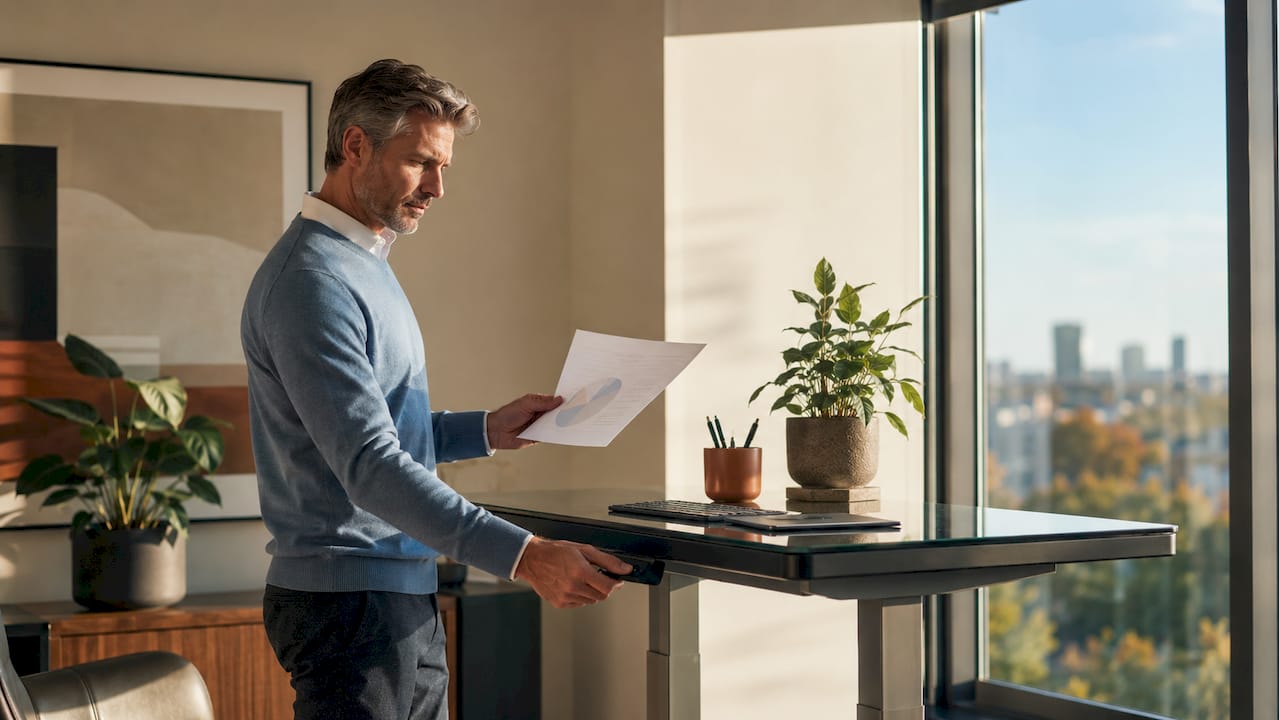 Manager adjusting standing desk height reviewing ROI report