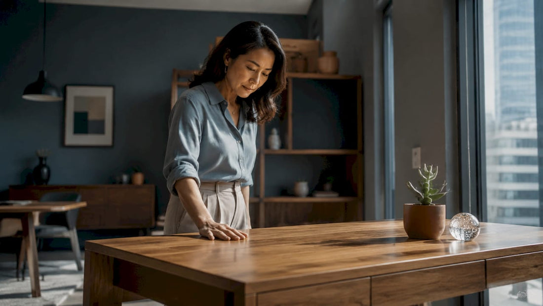Woman examining solid wood office desk quality
