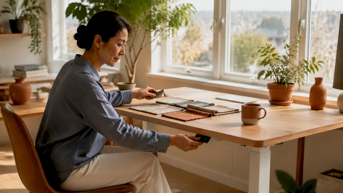 Woman adjusting height on modern standing desk