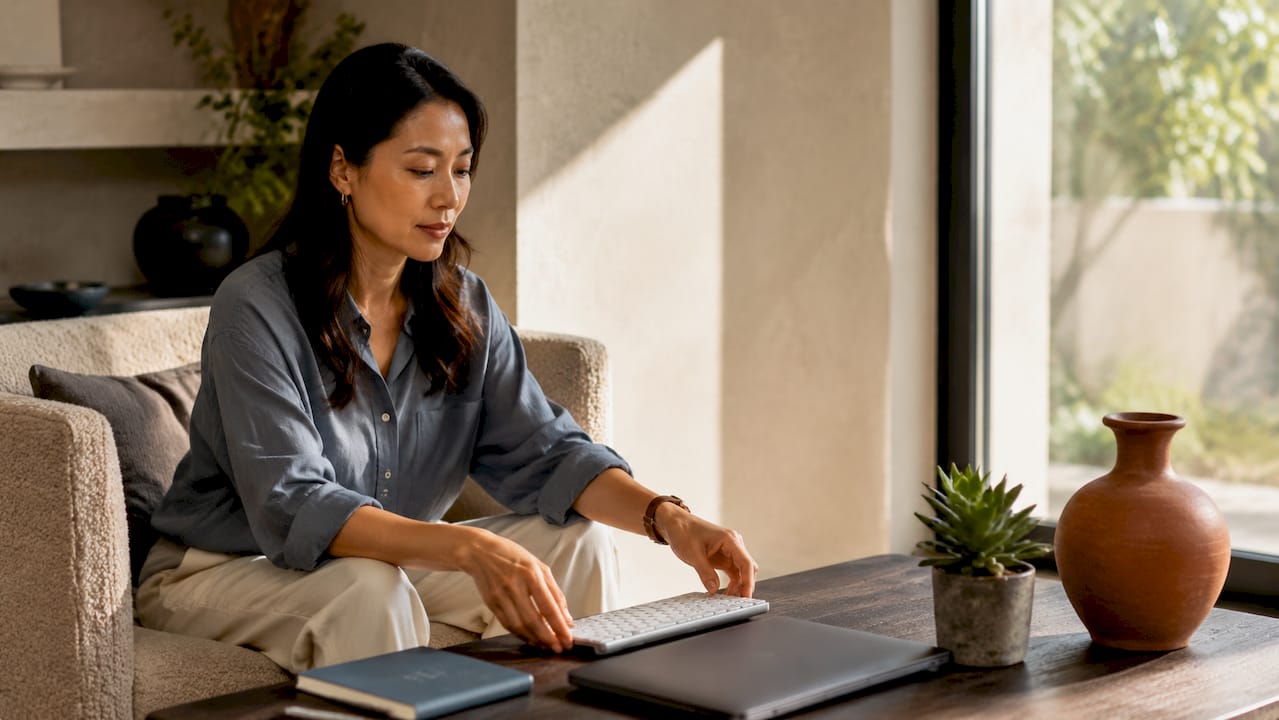 Woman organizing minimalist home office desk