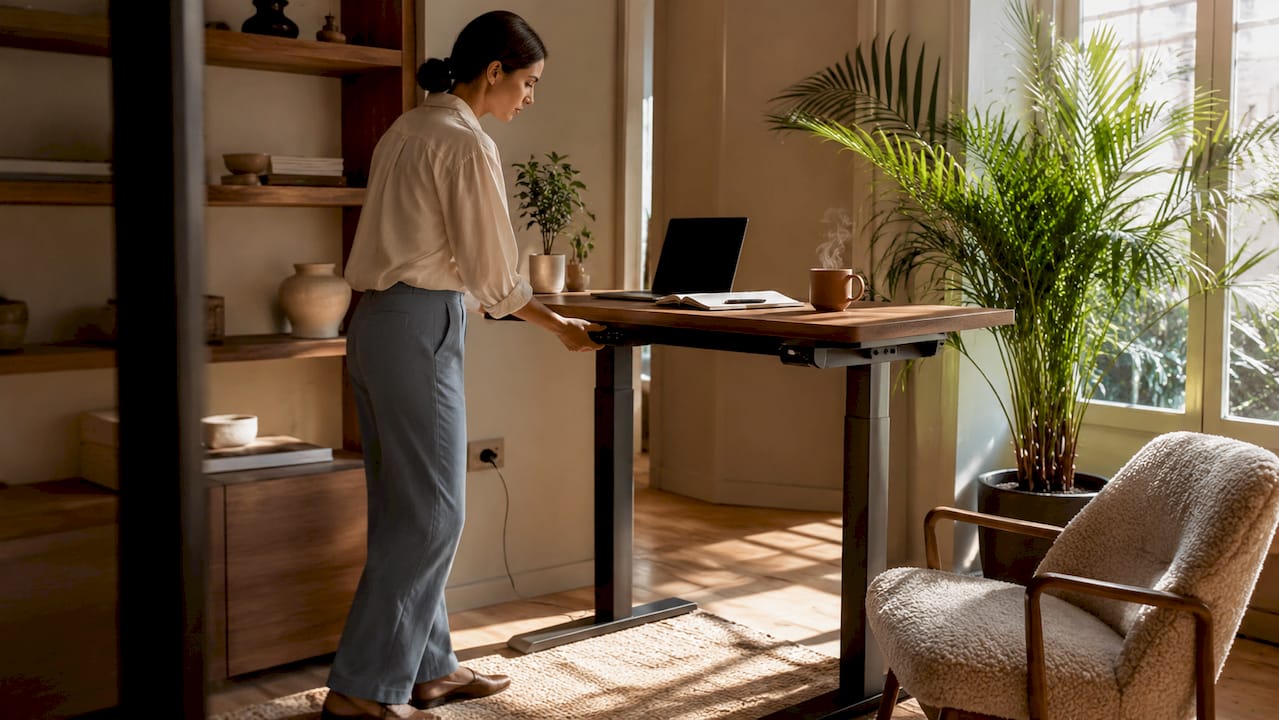 Woman adjusting stylish standing desk in bright home office