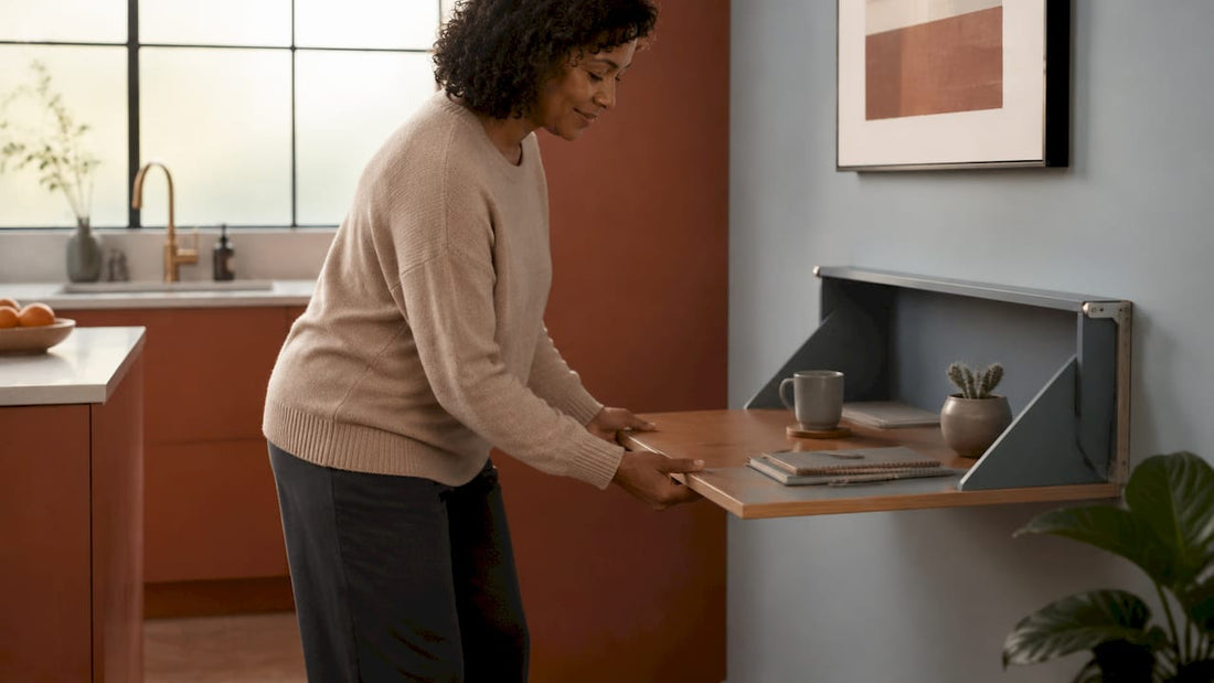 Woman unfolding wall-mounted multifunctional desk