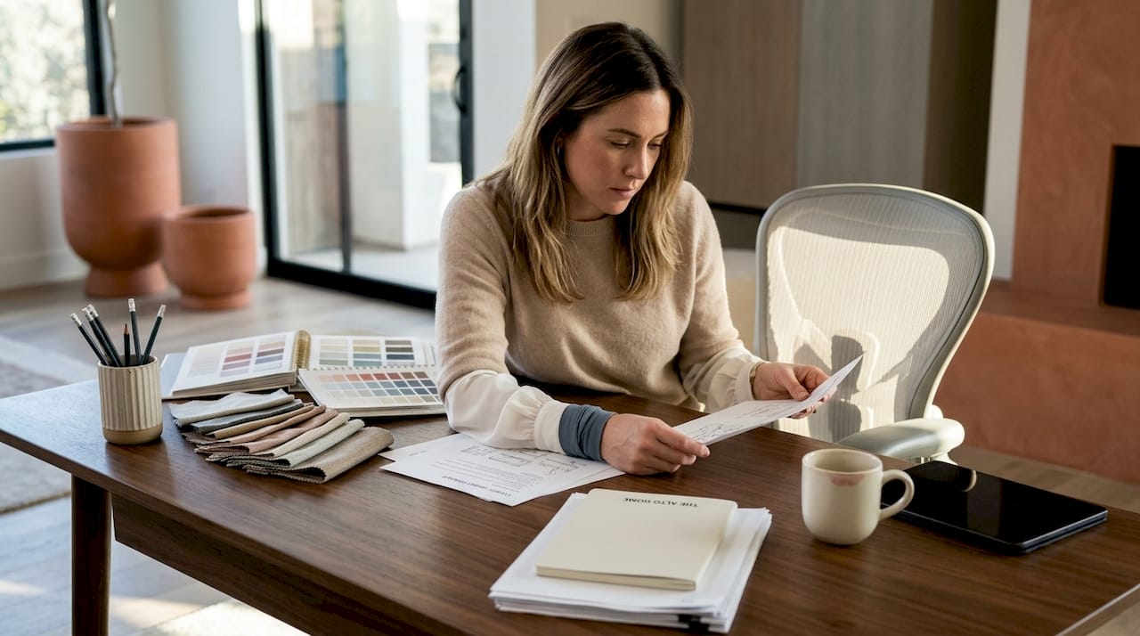 Designer reviewing home office furniture plans