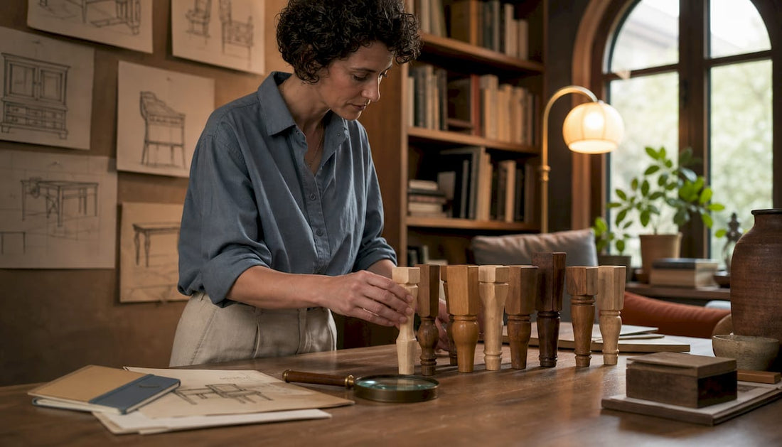 Designer examining wooden desk leg samples