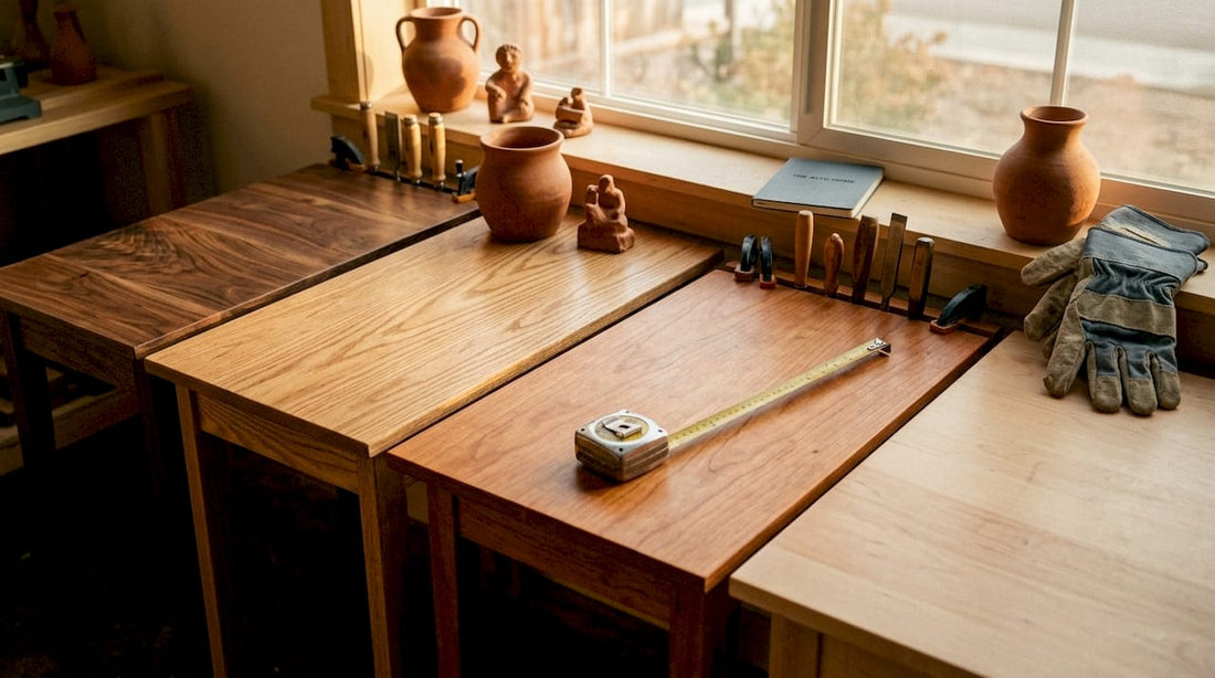 Overhead view of four hardwood designer desks