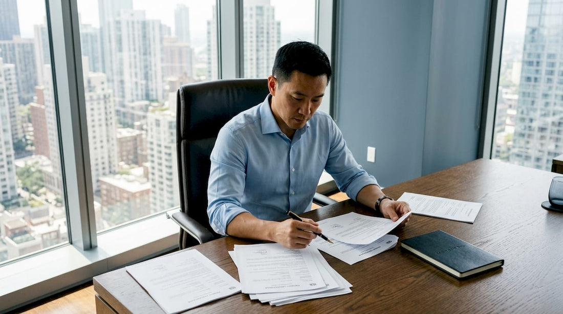 Businessman reviewing luxury office furniture paperwork