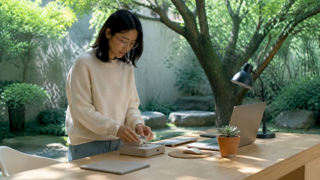 Woman arranging minimalist desk accessories at home