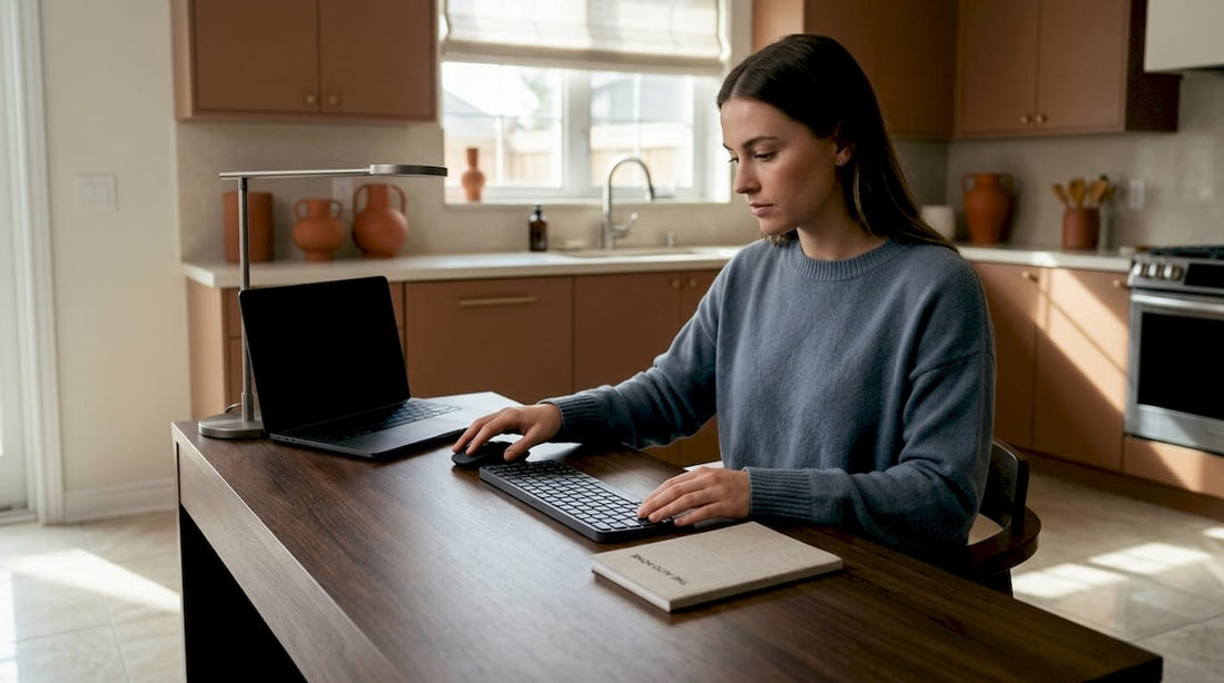 Woman organizing ergonomic desk workspace