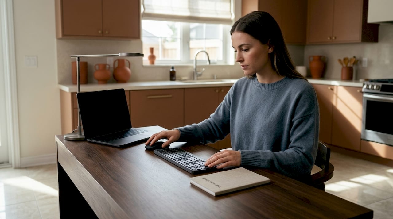 Woman organizing ergonomic desk workspace
