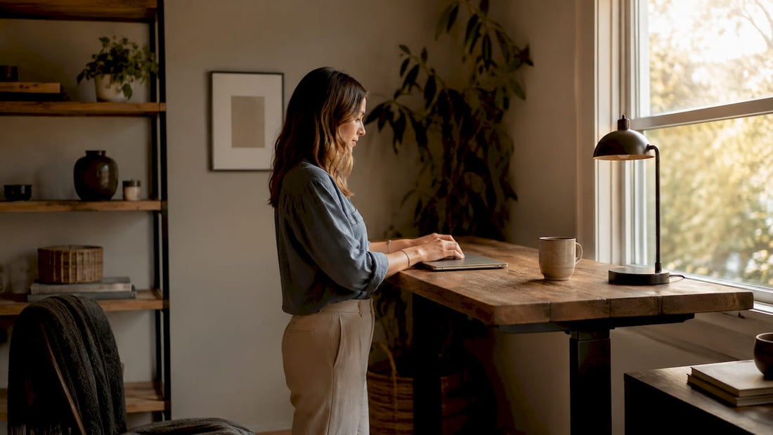 Woman using standing desk in home office