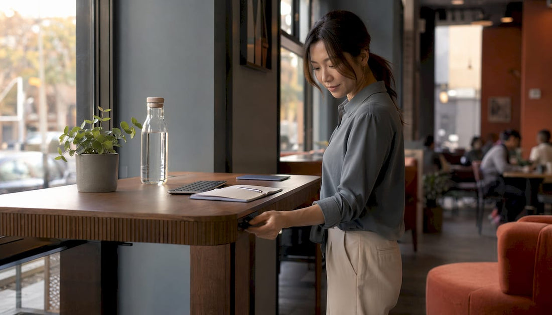 Woman adjusting ergonomic standing desk in open plan office
