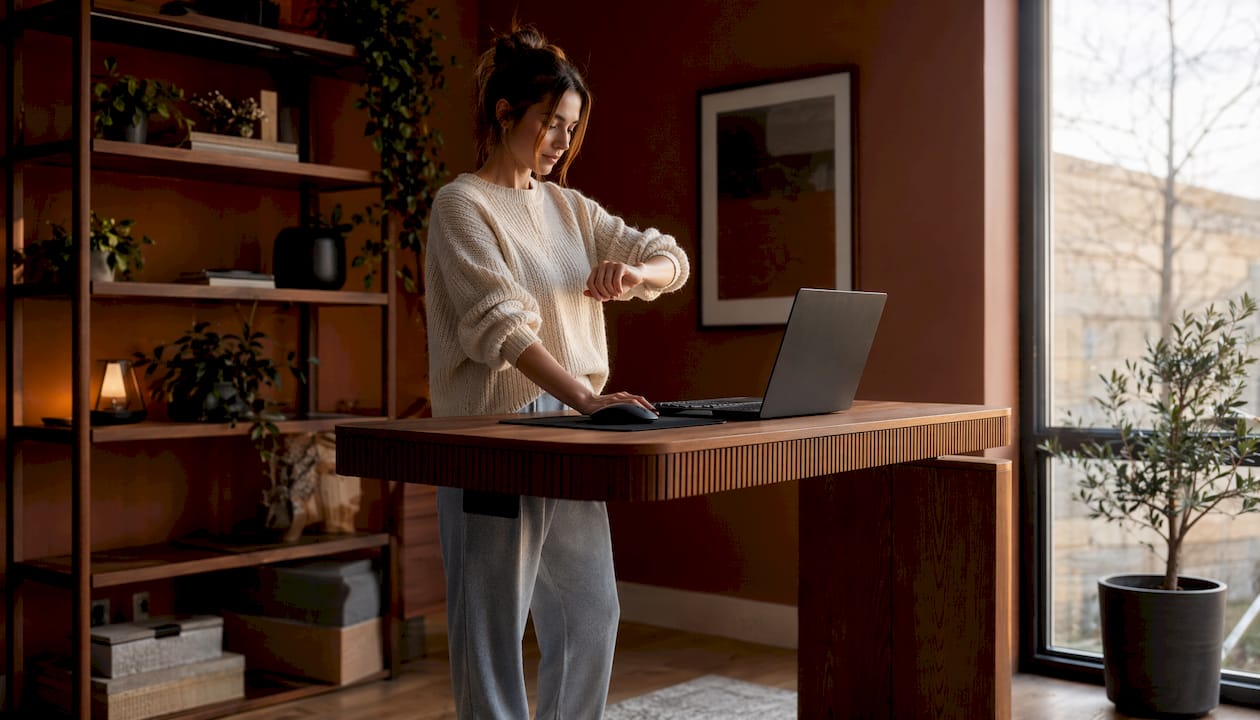 Woman adjusting height of standing desk in apartment