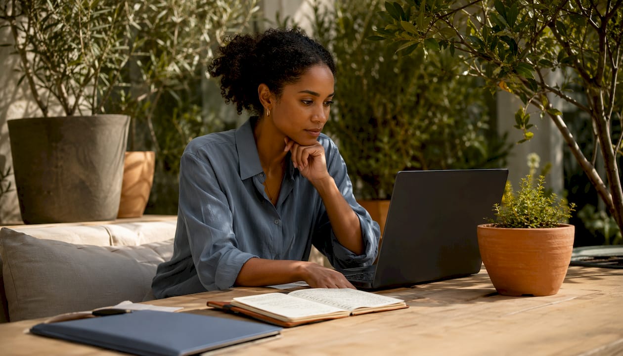 Focused woman working in blue home office