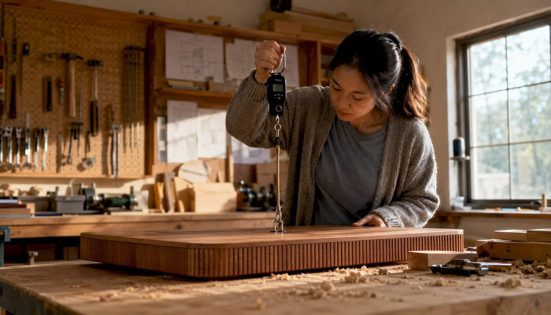 Woman weighing solid wood desk surface