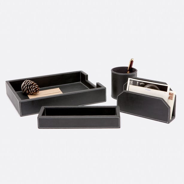 Larne Black Leather Desk Organizer Set