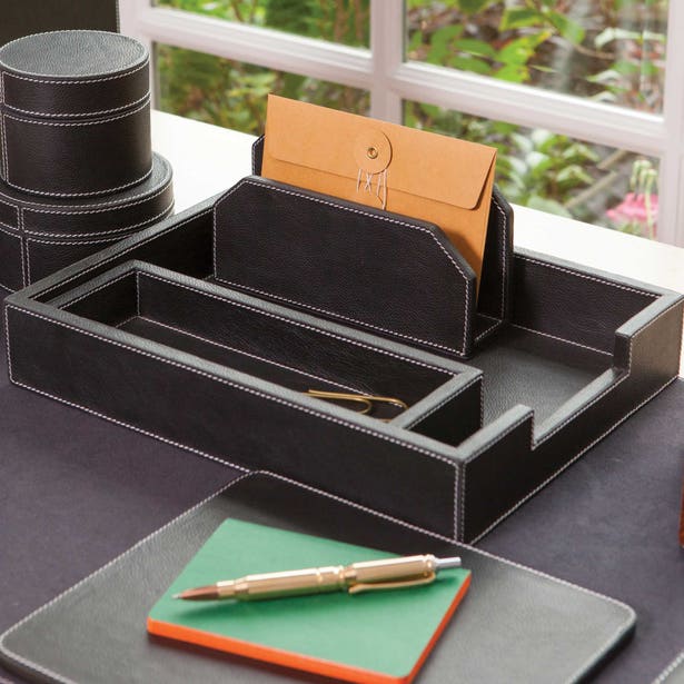 Larne Black Leather Desk Organizer Set