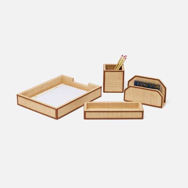 Hanford Raffia & Leather Desk Organizer Set