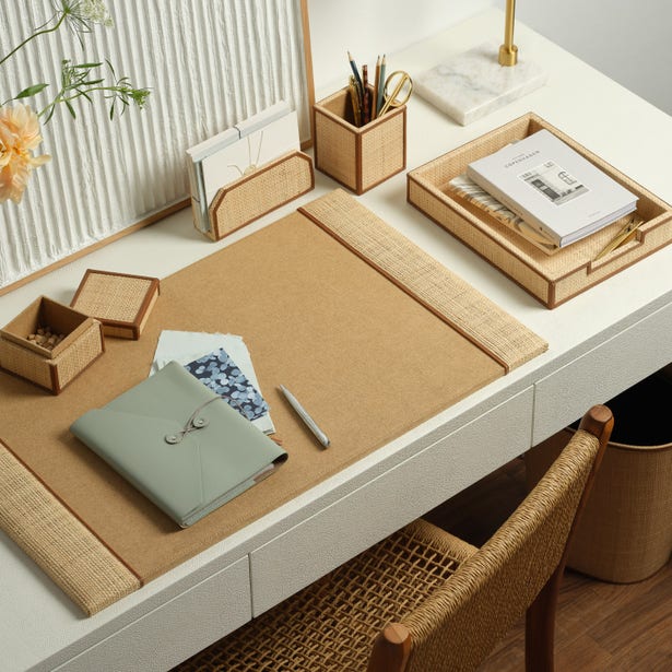 Hanford Raffia & Leather Desk Organizer Set